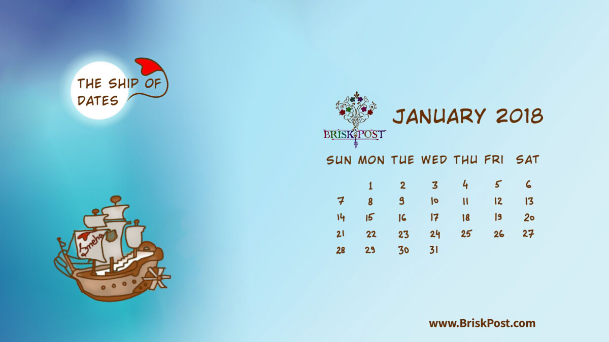 January 2018 Calendar Wallpaper with Ship in sea below moon Theme Monthly view of January 2018 Calendar with theme illustration of ship in sea below moon in night