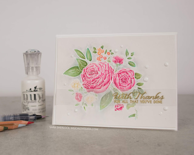 This pretty card features the Beautiful Bouquet - Ranunculus stamp set from WPlus9.  The image was watercolored using Fun Stampers Journey Color Splash pencils.