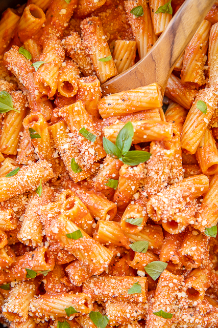 Pasta with Whipped Cream Tomato Sauce - better than any restaurant!! Pancetta, crushed tomatoes, shallots, garlic, pepper, sugar, rigatoni, whipped cream, basil and parmesan. Ready to eat in about 20 minutes! SO easy and everyone LOVES this yummy pasta! #pasta #quick Pasta with Whipped Cream Tomato Sauce - better than any restaurant!! Pancetta, crushed tomatoes, shallots, garlic, pepper, sugar, rigatoni, whipped cream, basil and parmesan. Ready to eat in about 20 minutes! SO easy and everyone LOVES this yummy pasta! #pasta #quick