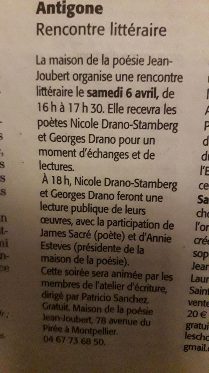 Midi Libre - Rencontre littéraire avec Nicole et Georges DRANO - le 6 avril 2019.-