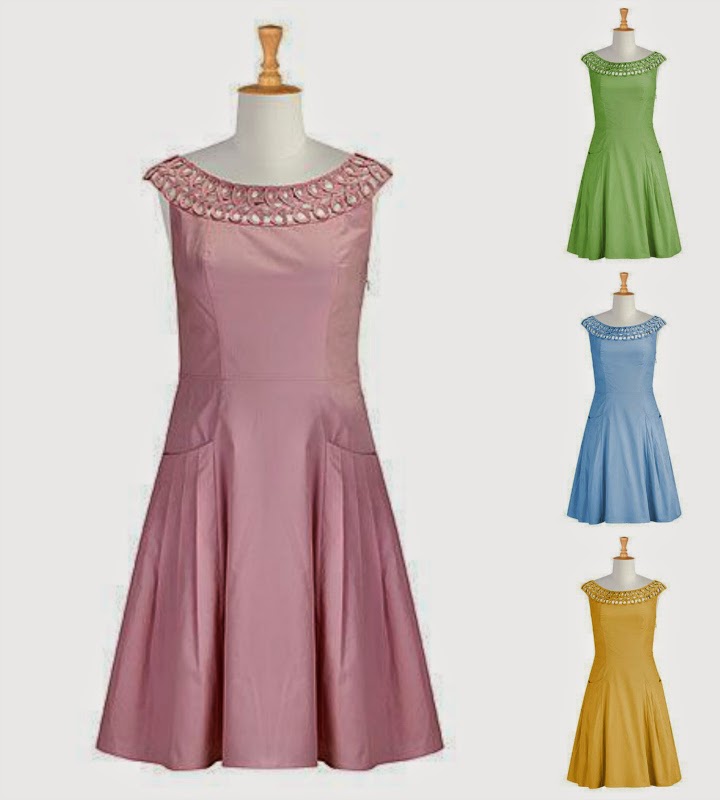 Eshakti Anastastia dress, cameo pink, apple green, blue, mustard, yellow, cotton, fit and flare, figure eight neckline, vintage style, customizable fashion
