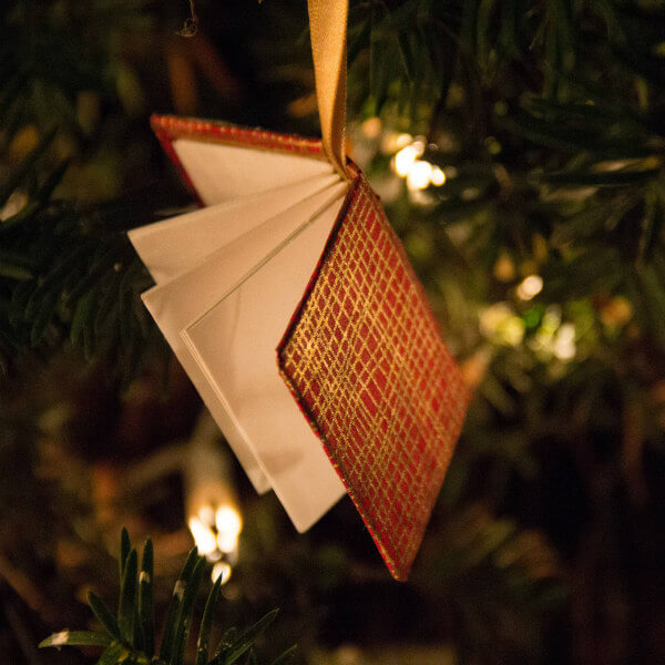 red and gold miniature handmade book tree ornament