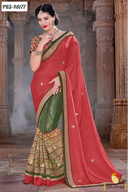 Latest Diwali special red chiffon designer saree online shopping at best price in India