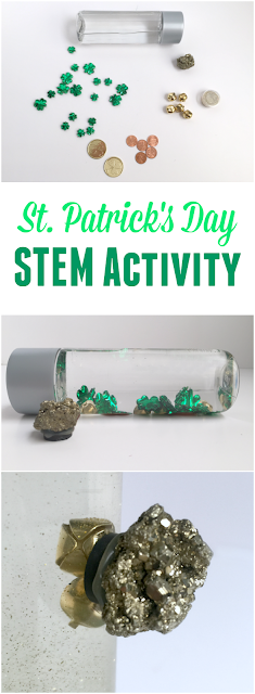 St. Patrick's Day STEM Activity Sensory Bottle for Kids. With a few items from around the house you have an activity idea for hours of fun focused on Science, Technology, Engineering and Math for your child on their hunt for GOLD.