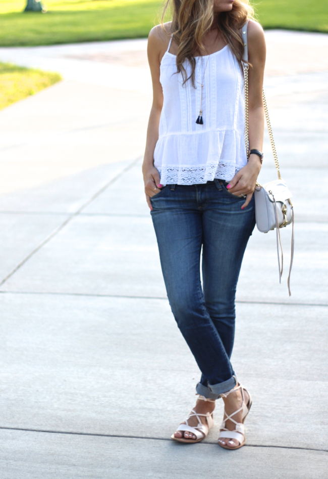 weekend style - lace trim top + lace up sandals - Lilly Style