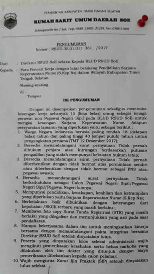 Lowongan Kerja Non Pns Di Rsud Soe Kabupaten Timor Tengah Selatan