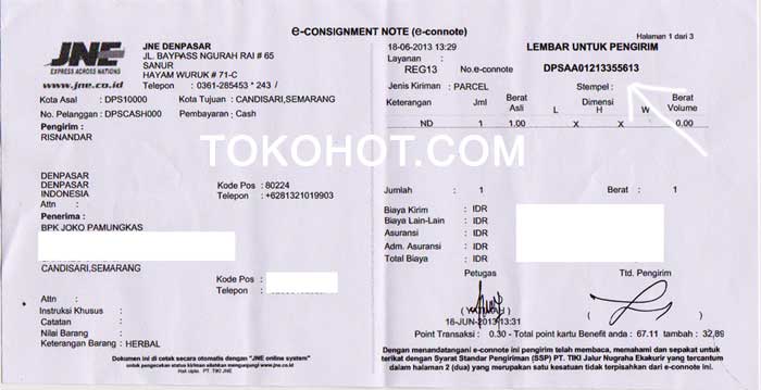 Nomor bukti resi pengiriman JNE dan Pos: June 2013