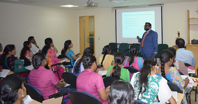 The nursing staff of Kauvery Hospital are being taught the effective ways to treat Delirium patients, by Dr. M. Santhana Krishnan, Senior Consultant in Old Age Psychiatry from Tees Esk Wear Valleys, NHS Foundation Trust, UK