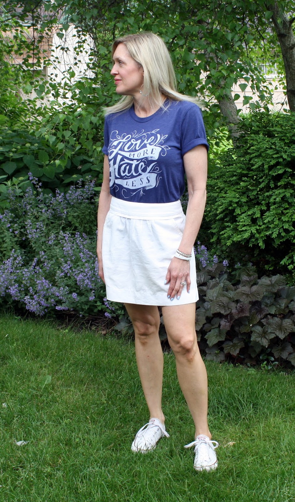 Love More/Hate Less Tee styled with J.Crew skirt and Converse.