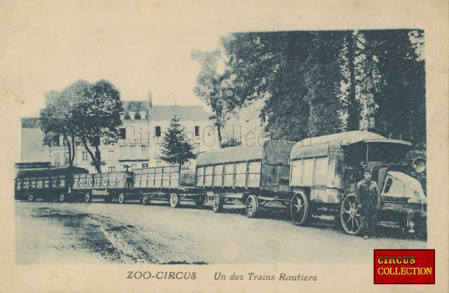 Train routier composé d'un tracteur et de quatre remorques du cirque Français de Alfred COURT et de son frère