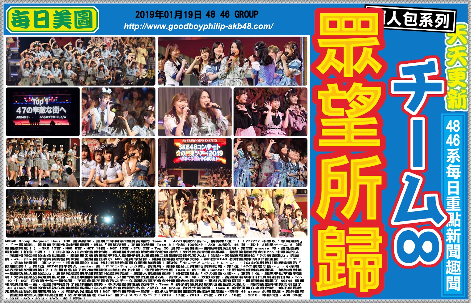 AKB48 新聞 20190120 Team 8 「47の素敵な街へ」獲得 Request Hour 獲得第1位