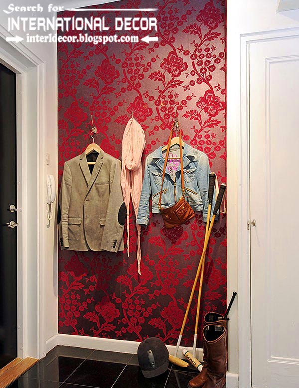color combinations with red color in the interior, red wallpaper in the hallway