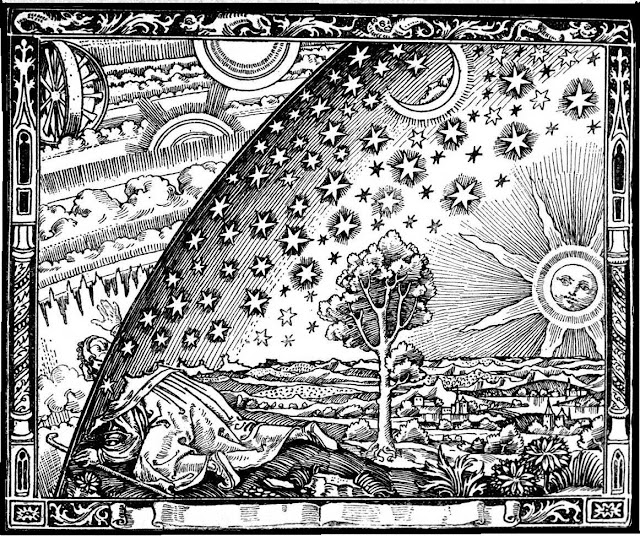 Engraving by an unknown artist first appearing in Camille Flammarion's L'atmosphère: météorologie populaire (1888). The image depicts a man crawling under the edge of the sky, as if it were a solid hemisphere, to look at the mysterious Empyrean beyond. The caption (not shown here) translates to