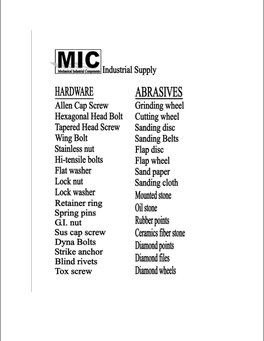 MIC INDUSTRIAL SUPPLY CEBU Product List