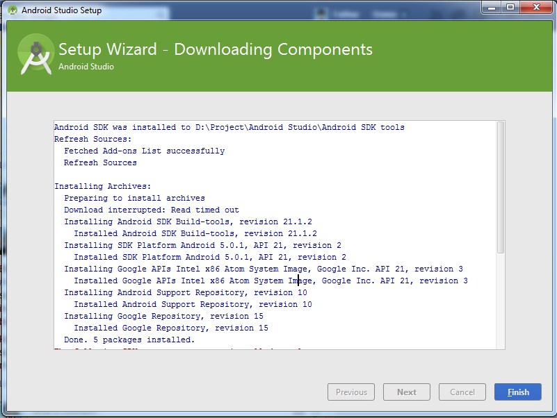 Downloading components. Android Studio Setup Wizard. Android Studio Setup Wizard hello World.