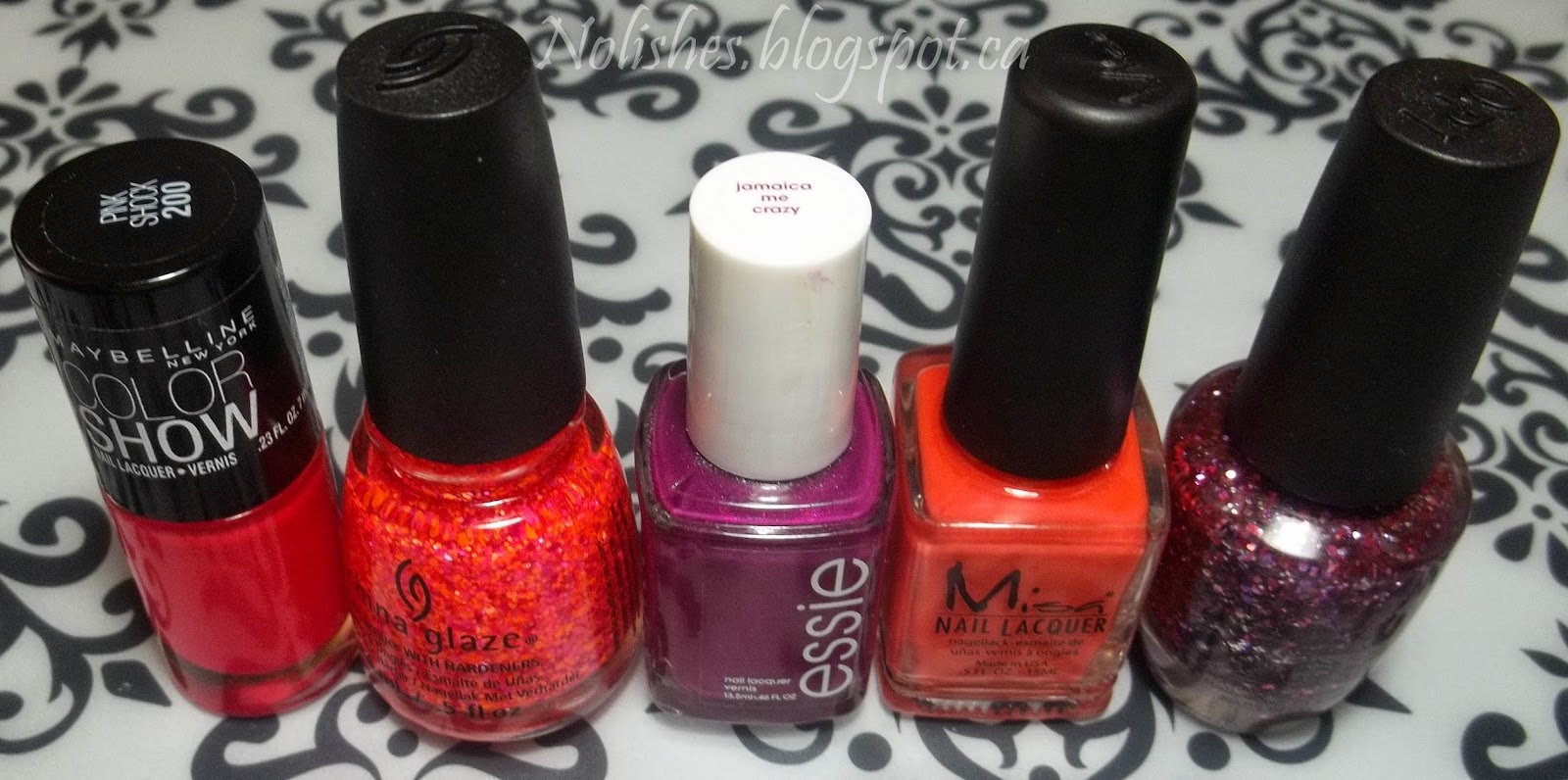 Maybelline Color Show ‘Pink Shock’, China Glaze ‘Let the Beat Drop’, Essie ‘Jamaica Me Crazy’, Misa ‘BubblePop’, and OPI ‘Blush Hour’
