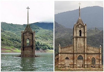 Hermosa iglesias sumergida en un lago Iglesias católica sumergida en un lago