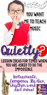 Music lesson plans for days when you need to be as quiet as possible.  These quiet activities include ways to teach pitch, rhythm, composers and more in a quiet music classroom.