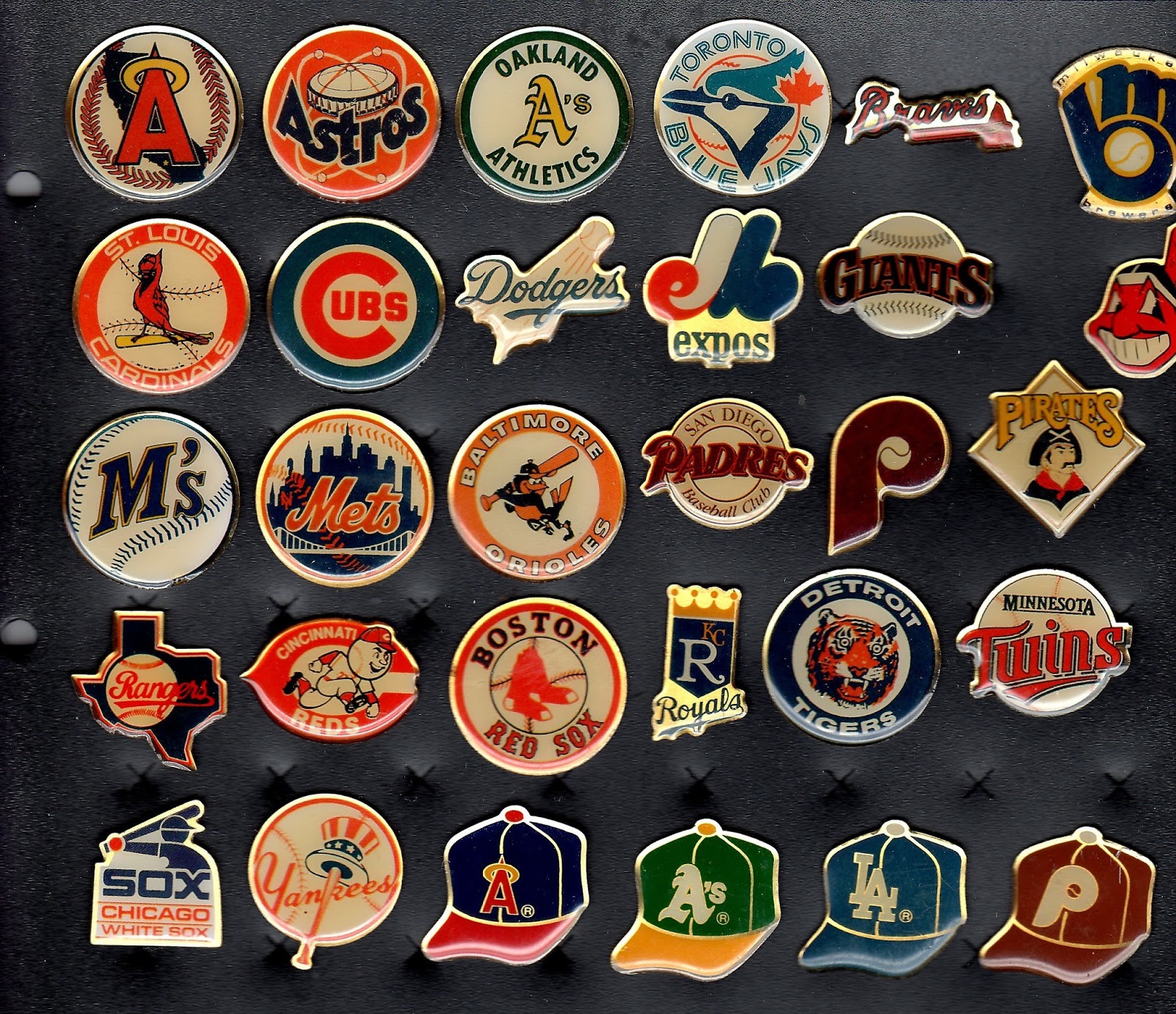 baseball pin collection display collecting MLB teams of the 80's