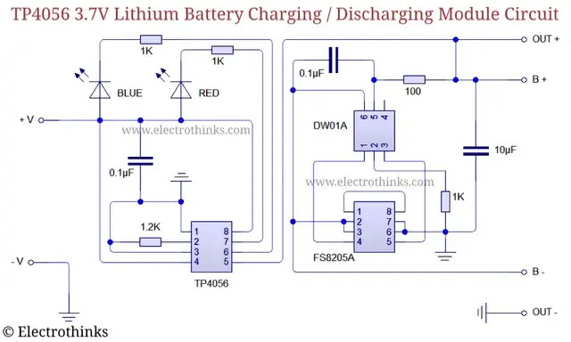 Schematic of TP4056 Lithium battery Charging/Discharging module circuit
