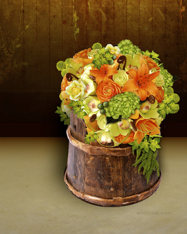 floral arrangement, orange flower arranging, green and orange flowers, wooden bucket, rustic container