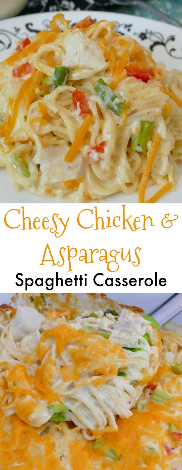 Cheesy Chicken and Asparagus Spaghetti Casserole Recipe! This creamy angel hair pasta bake is a great way to use leftover rotisserie chicken! It's budget friendly and the whole family will love it! 