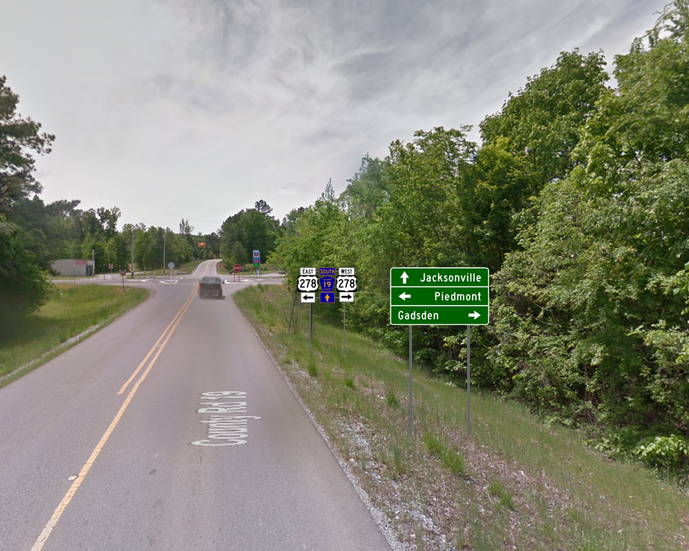 the actual image from google maps above shows a tornado damaged guide sign that was already decades old not being maintained a the junction of us 278 the actual image from google maps above shows a tornado damaged guide sign that was already decades old not being maintained a the junction of us 278