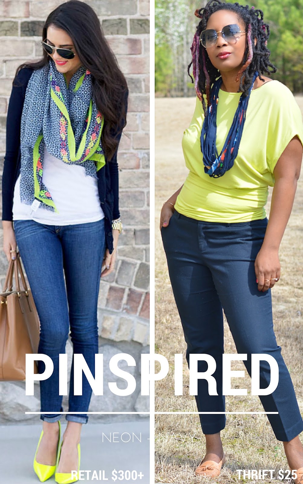 A Pinterest inspired thrift store outfit in neon and navy.