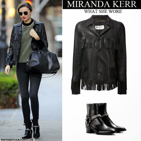 WHAT SHE WORE: Miranda Kerr in black leather fringe jacket with black ...