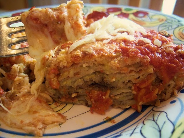 This is a layered casserole using eggplant and cheese similar to a lasagna without meat.