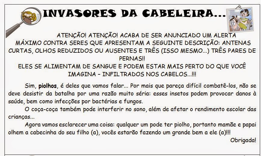 AMIGA DA EDUCAÇÃO.: Modelos de recadinhos para avisar aos pais sobre piolhos. Modelos prontos