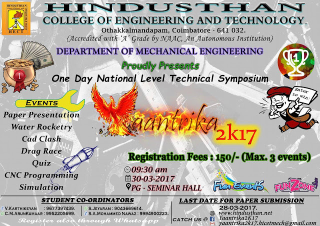 Yaantrika 2K17 Symposium Organized by Hindusthan College Of Engineering and Technology Yaantrika 2K17 Symposium Organized by Hindusthan College Of Engineering and Technology