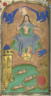 Book of Hours Book of hours hand colored illustration with gold leaf. Depicts Jesus Christ in the sky surrounded by two angels in blue, hovering above a group of the dead. A gold tower is to the left and a hell mouth is to the right.