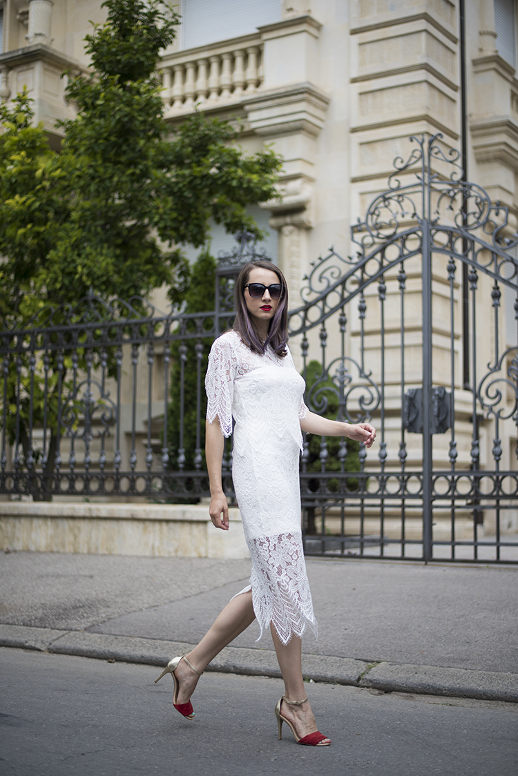 white lace midi dress rochie alba dantela
