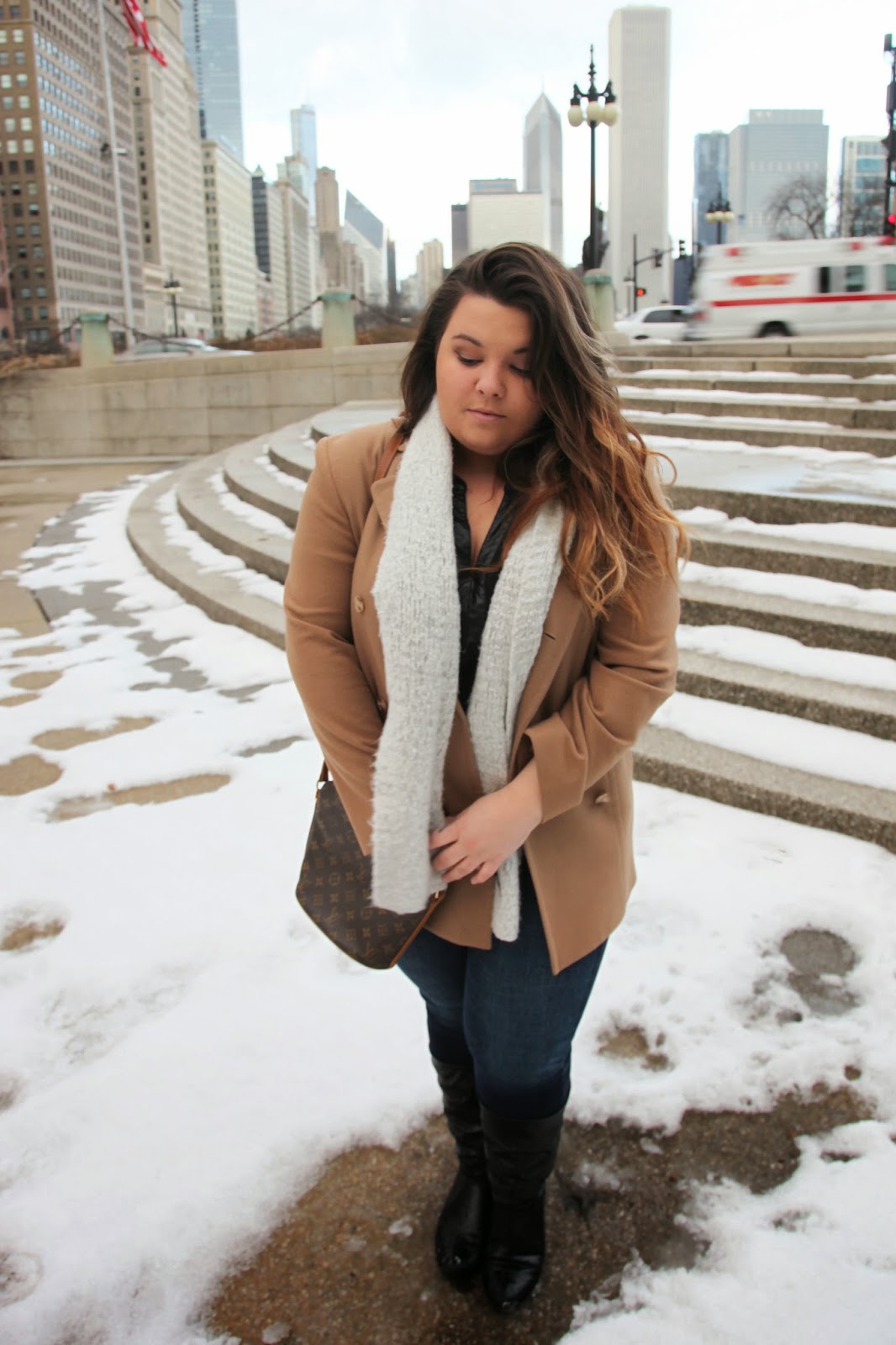 tan coat, kim kardashian coat, chicago, natalie craig, natalie in the city, bbw, thick girls, plus size fashion blogger, ootd, chicago blogger network, black, leather, denim, black boots, Pendleton coats, chicago skyline, curvy women, plus size acceptance movement, fatshion