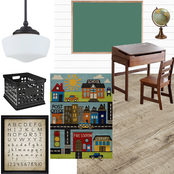 Moodboard for a vintage modern schoolhouse themed playroom makeover for the One Room Challenge. #schoolhouse #playroom