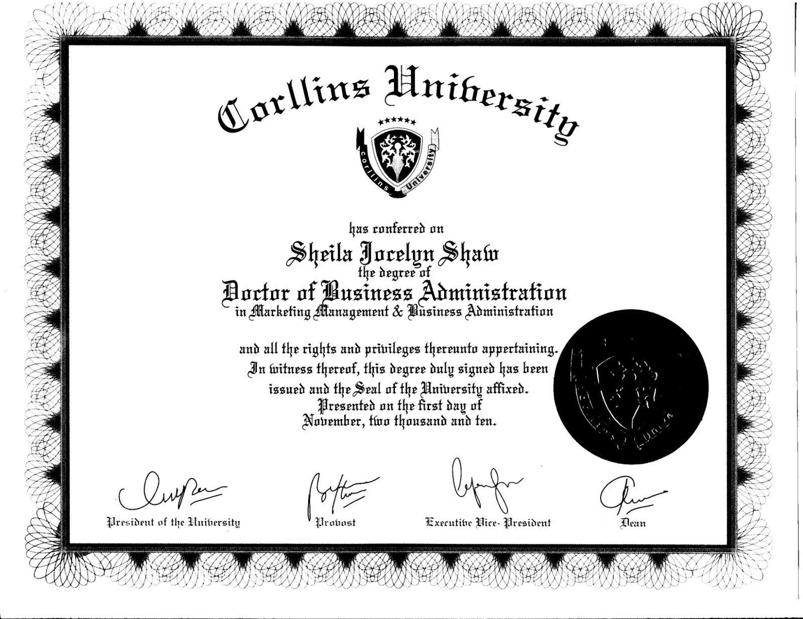 Resume Dr. Shaw Corllins Diploma; Dr. Sheila Jocelyn Shaw, Ph. D. / D.B.A