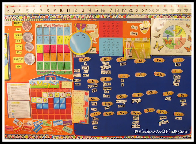 photo of: Kindergarten Word Wall Bulletin Board Amid Calendar + Other Poster
