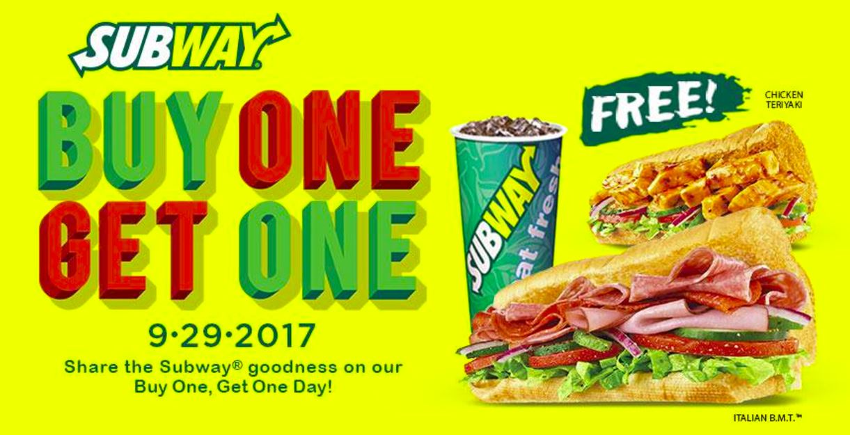 Manila Shopper Subway Buy1 Get1 OneDay Promo Sept 29 2017