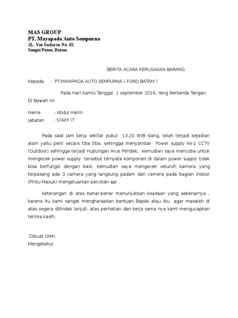 Contoh Surat Berita Acara Kerusakan Alat Contoh Surat