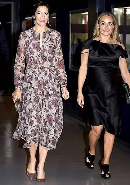 Crown Princess Mary wore Burberry Prorsum Floral Silk Georgette Dress and Valentino Pumps for Copenhagen Fashion Summit 2017 dinner