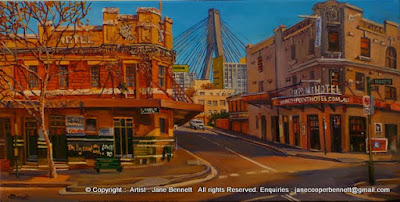 Plein air oil painting of the Point Hotel and the Terminus Hotel corner of John and Harris Street Pyrmont painted by industrial heritage artist Jane Bennett