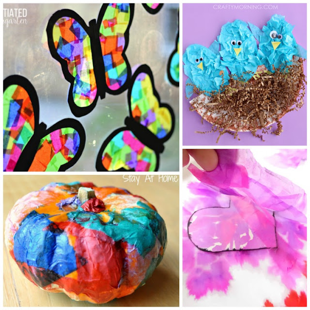 Over 30 Beautiful Tissue Paper Crafts For Kids. Suncatchers, flowers, collages, kid-made gifts, party decorations, process art, seasonal choices, and more!