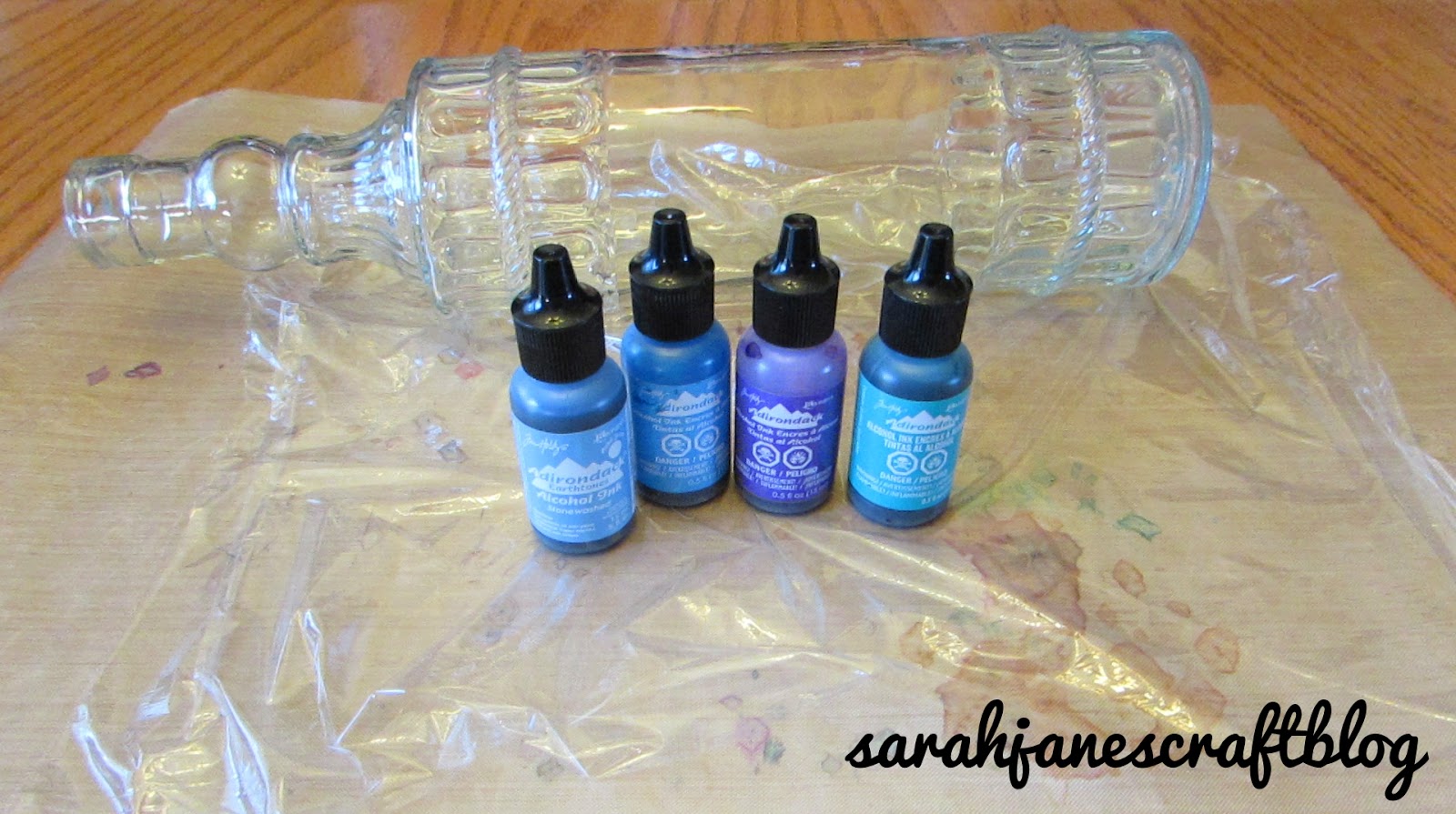 Sarah Jane's Craft Blog Alcohol Ink and Plastic Wrap on a Glass Bottle