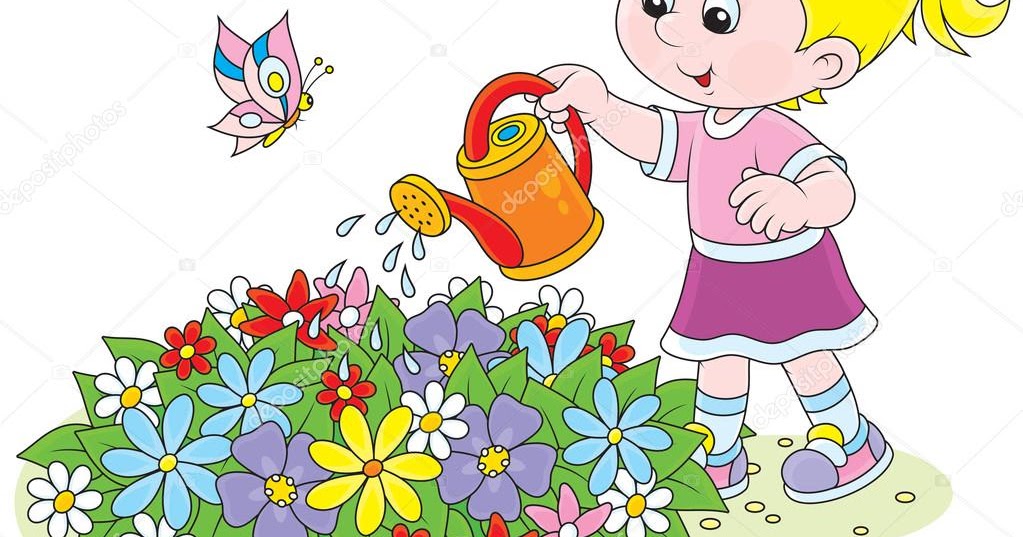 Полив комнатных растений. Полив клумб. Цветовод для детей. Дети поливают цветы для детей. Полив клумб.