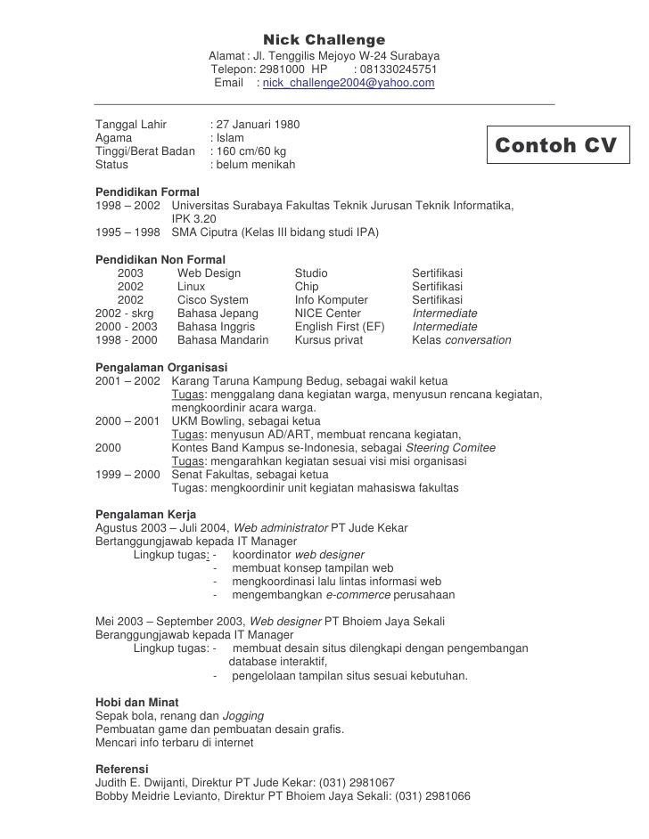 Contoh Curriculum Vitae Bahasa Indonesia Format Word - ben jobs
