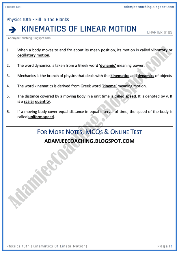 Adamjee Coaching Kinematics of Linear Motion Fill in the blanks