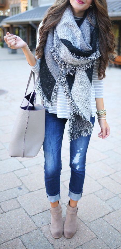 Fall fashion | Striped shirt, denim, ankle boots and scarf | Just a ...