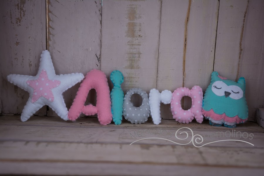 Nombre estrella y buha (tonos mint y rosa) - Aiora