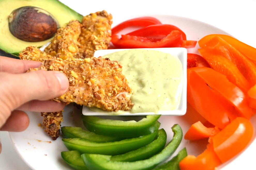 Baked Chicken Tenders with Avocado Jalapeno Dipping Sauce The